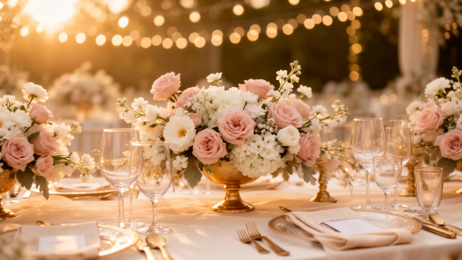 Wedding reception table set with blush roses, gold-rimmed glassware and candlelight